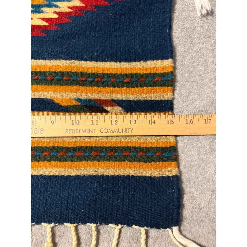 Vintage Zapotec Mexican Wool Tapestry Runner Blue Southwestern 100% Lana